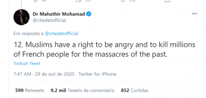 Mahathir bin Mohamad tenta justificar ataque terrorista aos franceses.