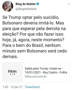 Jornalista incentiva o suicídio do presidente Jair Bolsonaro.